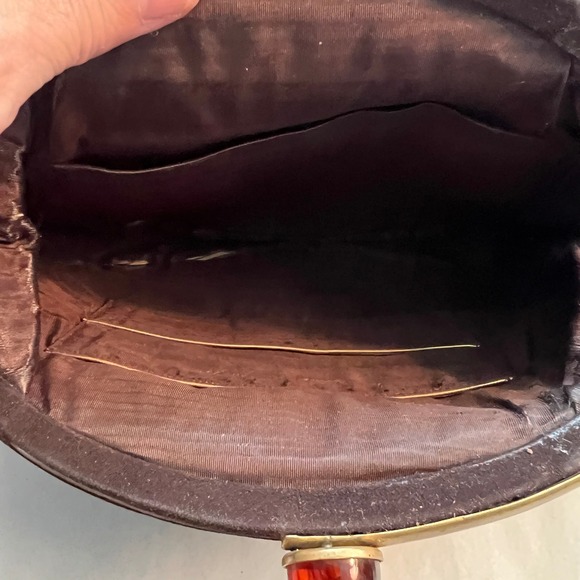 VTG Clutch Purse Chocolate Brown Suede Brass Frame Amber Bakelight/Lucite Clasp